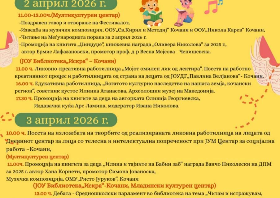 Кочани ќе го одбележи Меѓународниот ден на книжевноста за деца со богата дводневна фестивалска програма